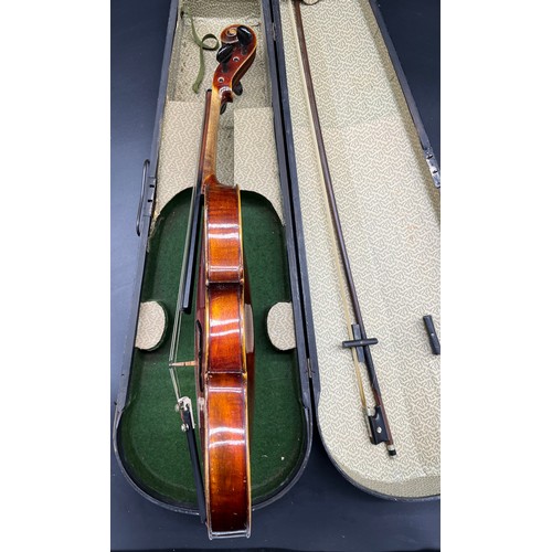 232 - Antique violin, box and coffin case. Contains two stickers to the inside of violin. August Durrschmi... 