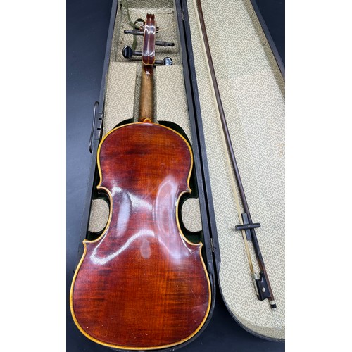 232 - Antique violin, box and coffin case. Contains two stickers to the inside of violin. August Durrschmi... 