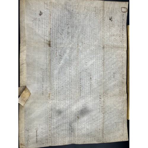 280 - 17th century document written on pig skin, Together with a framed hand written document with seal at... 