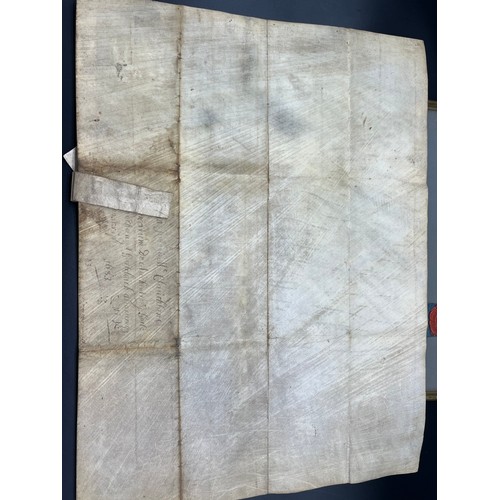 280 - 17th century document written on pig skin, Together with a framed hand written document with seal at... 