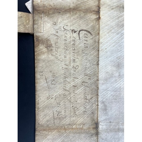 280 - 17th century document written on pig skin, Together with a framed hand written document with seal at... 