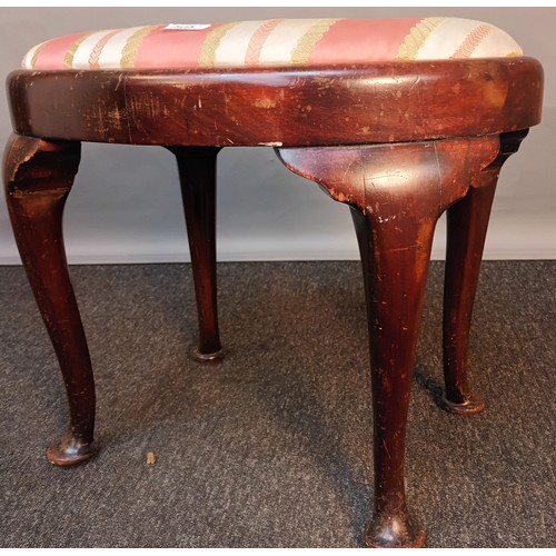 373 - Antique stool, the oval shaped upholstered seat, raised on cabriole legs ending in pad feet. [48cm h... 