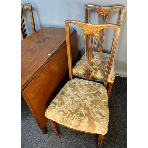 339 - 19th century drop end dining table together with four matching Edwardian inlaid dining chairs. [71x1... 