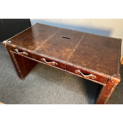 347 - Contemporary leather trunk design desk [Timothy Oulton], the rectangular top above three short drawe... 