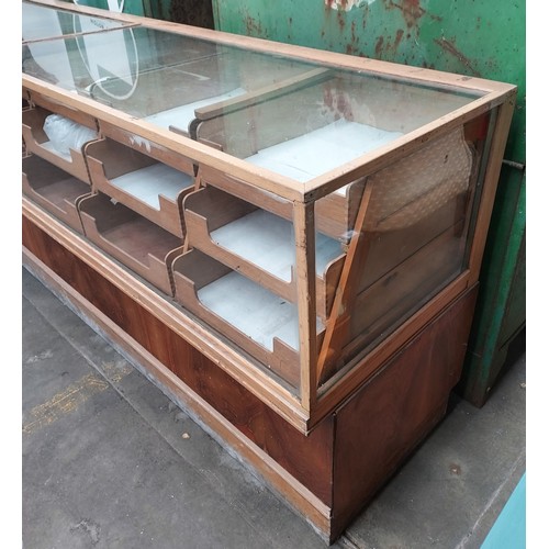 376 - Retro haberdashery shop counter, glazed top and sides above banks of drawers and underneath interior... 