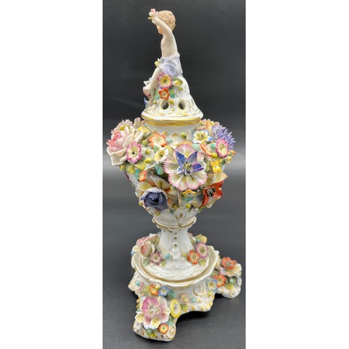 285 - Antique Royal Vienna mantel piece urn with lid. Highly decorated with raised relief flowers, Lid has... 