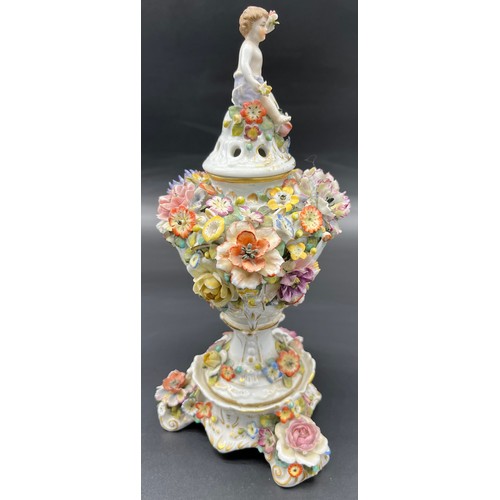 285 - Antique Royal Vienna mantel piece urn with lid. Highly decorated with raised relief flowers, Lid has... 