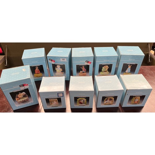 448 - A Collection of 10 boxed porcelain Schmid Beatrix potter Peter Rabbit character music boxes.