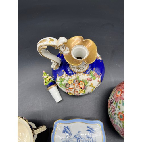 413 - Selection of collectable porcelain to include 19th century Derby two handle cup with raised relief f... 