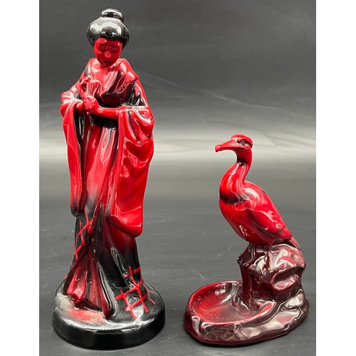 406 - Two Royal Doulton Flambe figures. 'Geisha' HN3229 & Heron figure  possibly a 2nd.