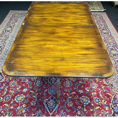 398 - Large antique Mahoghany William Tillman style dining room table, three leaves, two pedestal supports... 