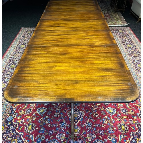 398 - Large antique Mahoghany William Tillman style dining room table, three leaves, two pedestal supports... 