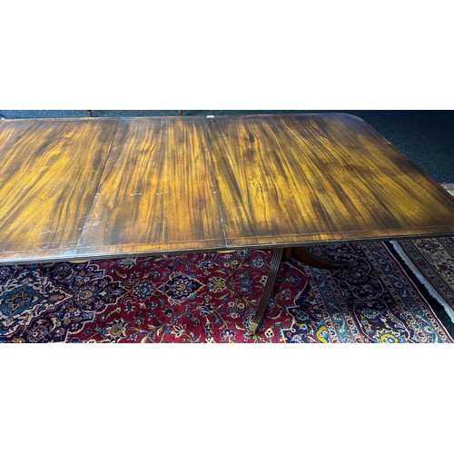 398 - Large antique Mahoghany William Tillman style dining room table, three leaves, two pedestal supports... 