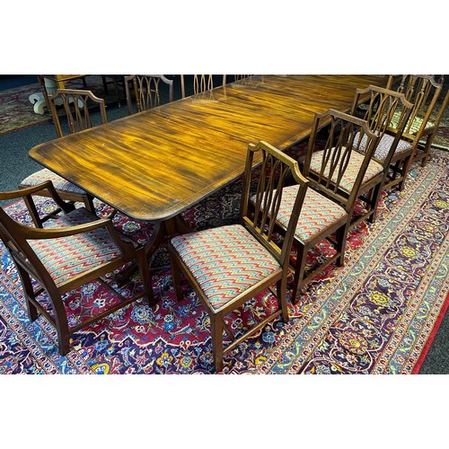 398 - Large antique Mahoghany William Tillman style dining room table, three leaves, two pedestal supports... 