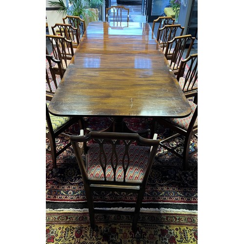 398 - Large antique Mahoghany William Tillman style dining room table, three leaves, two pedestal supports... 