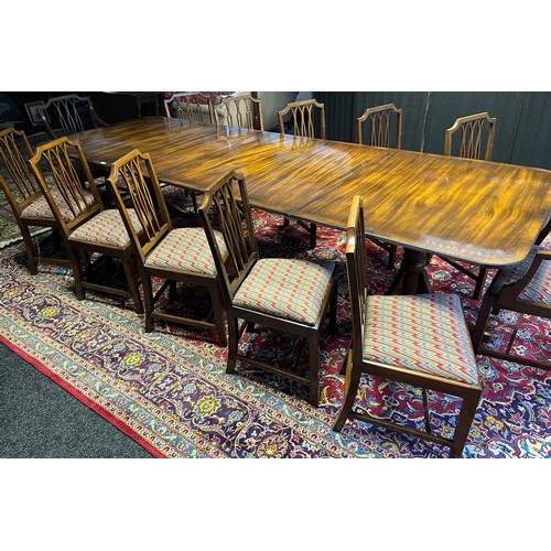 398 - Large antique Mahoghany William Tillman style dining room table, three leaves, two pedestal supports... 