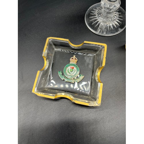 299 - Antique glass dish and lidded dish painted with Royal Scots Greys insignia, Etched and facet cut gla... 