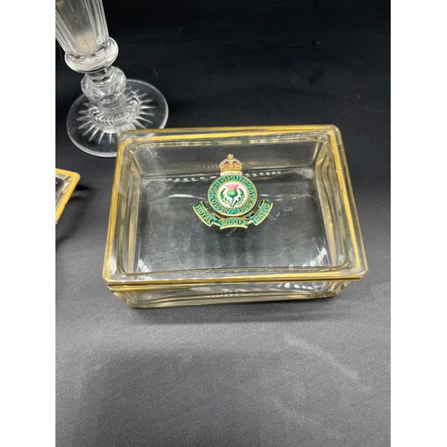 299 - Antique glass dish and lidded dish painted with Royal Scots Greys insignia, Etched and facet cut gla... 