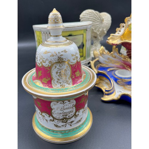 291 - A selection of 19th century collectable porcelain to include two ornate lidded preserve pots, ornate... 