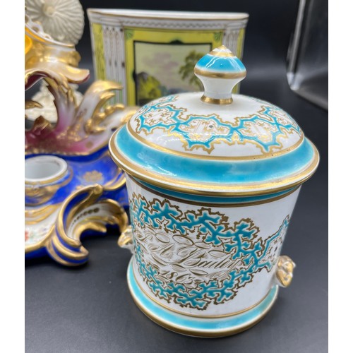 291 - A selection of 19th century collectable porcelain to include two ornate lidded preserve pots, ornate... 