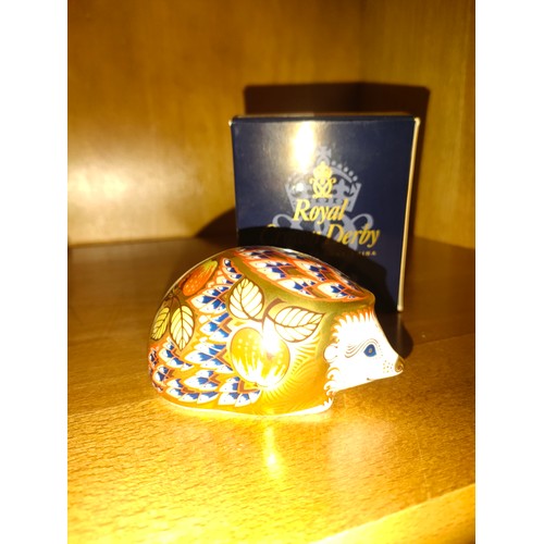 123 - Roya crown Derby orchard hedgehog paperweight with stopper and box