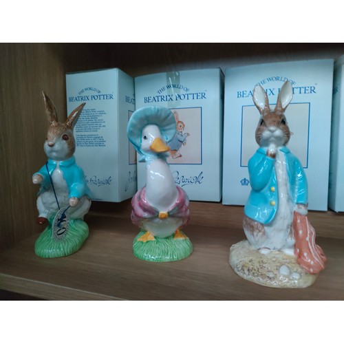 154 - Shelf of Large John Beswick Beatrix potter large figures includes Peter Rabbits etc  with boxes