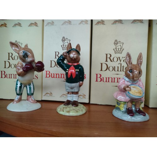 145 - Collection of Royal Doulton bunnykins to include knockout bunnykin , touchdown bunnykin etc with box... 