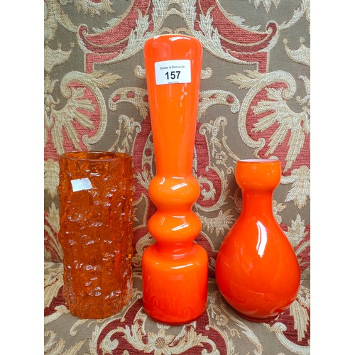 157 - Orange white friars vase together with 2 orange art glass vases