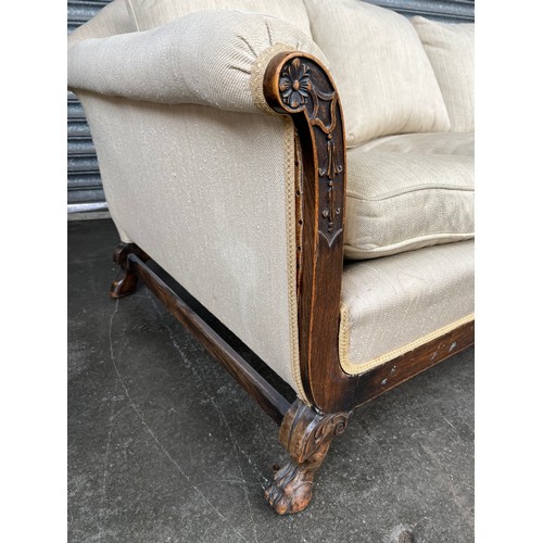 194 - 19th century low two seat parlor sofa, cream material upholstery, horsehair filled, Feather cushions... 