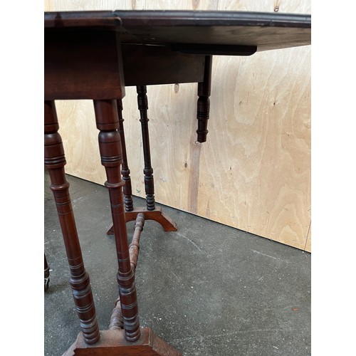 199 - Antique Mahogany Sutherland drop end table. Turned leg supports. [One leg damaged- see images] [62x7... 