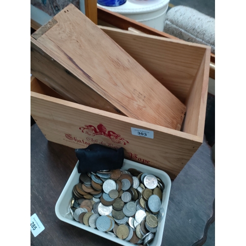 303 - Box of mixed various coins & advertising box etc