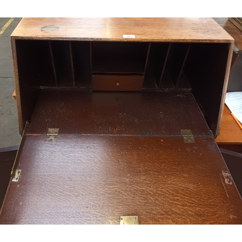 309 - Antique Oak writing bureau with slide out drawers, Needs attention to pull down bracket.