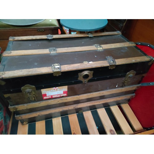 315 - Antique wooden bound travel trunk together with linen box