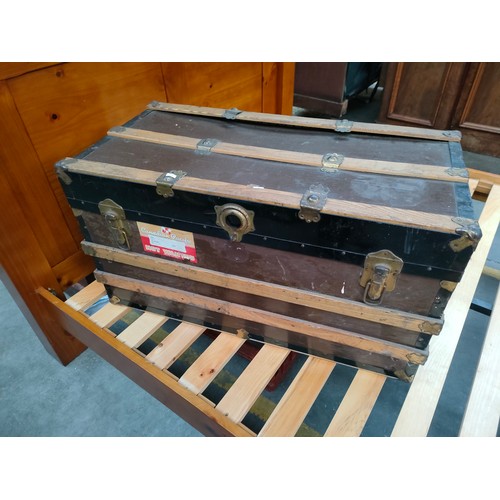 315 - Antique wooden bound travel trunk together with linen box