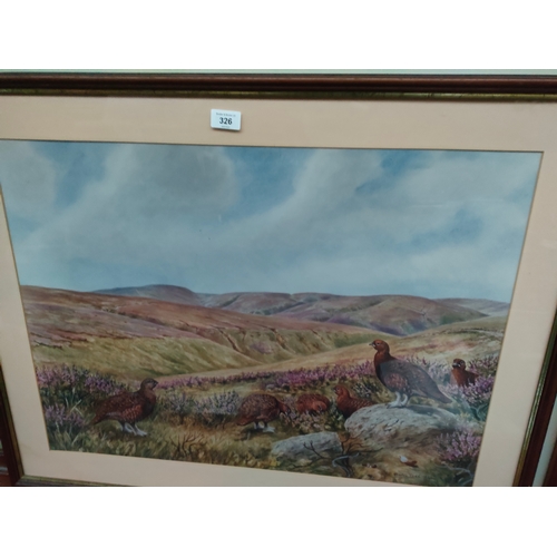 326 - Large Scottish scene pheasants grazing print set in heavy mahogany framing