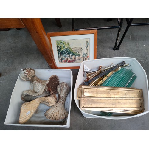 322 - Antique French cast iron bath feet together with box of odds to include antique brass door fronts.