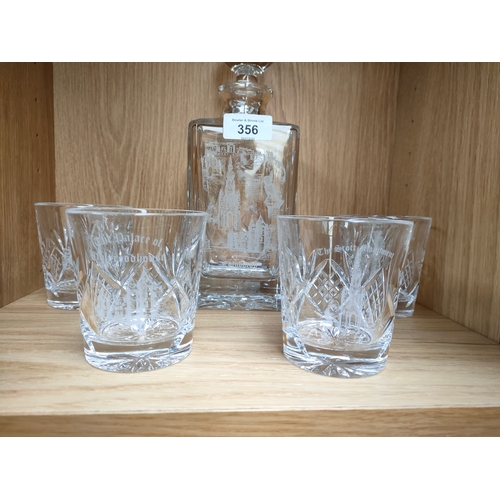 356 - Edinburgh crystal etched decanter of the castle together with etched whisky glasses