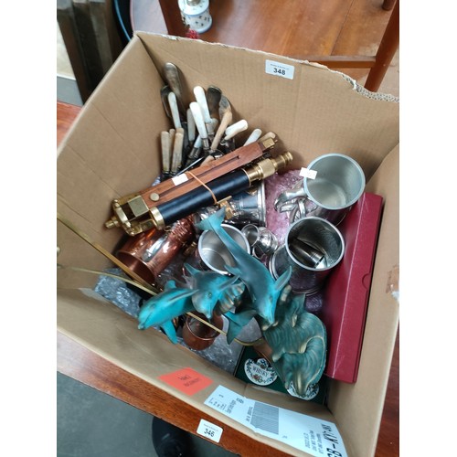 348 - Box of collectables include dolphin study, copper drink measure ladles, small scope and stand etc