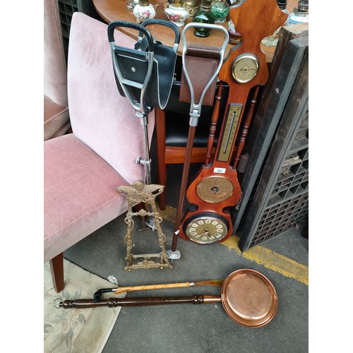 353 - Large barometer, brass cherub picture stand , shooting sticks etc