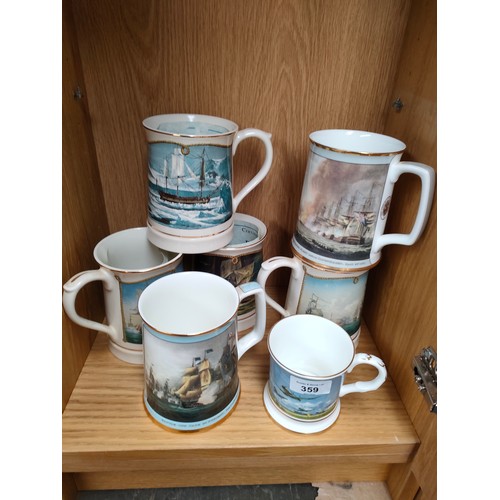 359 - Shelf of Wedgewood Bradbury mint artic voyage tankards etc