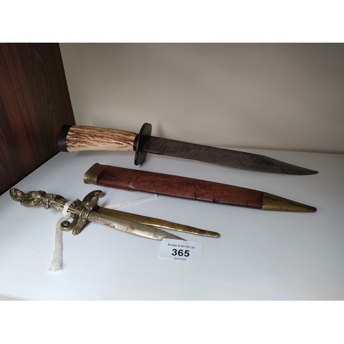 365 - Early dagger with scabbard together with 2 Brass letter openers