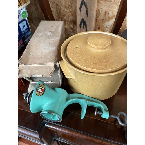 54 - Hornsea pottery preserve pots, and vintage mincer.