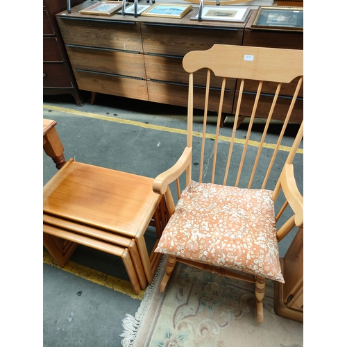 192B - Light wood rocking chair together with mid century nest of tables