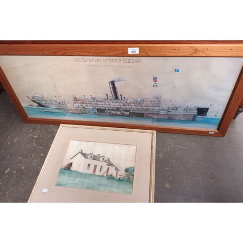 419 - Framed print depicting a ship and a framed watercolour