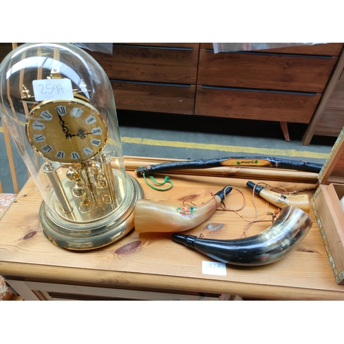 259A - Selection of collectables includes brass dome clock , small novelty horns and cigar box containing a... 