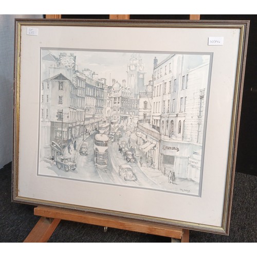 180A - Large watercolour ''Leith Street in the 1950's, Signed Tom Bolland [60x70cm]