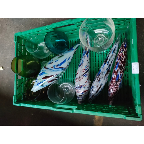 180H - Box of art glass fish etc