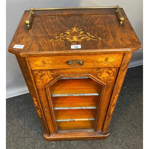 794 - Edwardian Rosewood veneer and inlaid music cabinet. Detailed with brass gallery top section. [92x51x... 