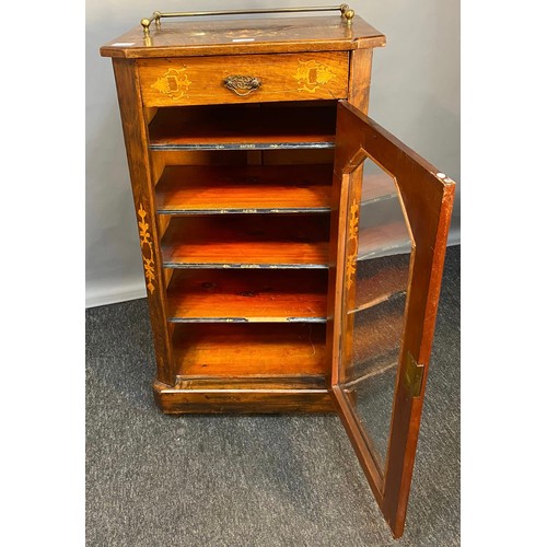 794 - Edwardian Rosewood veneer and inlaid music cabinet. Detailed with brass gallery top section. [92x51x... 