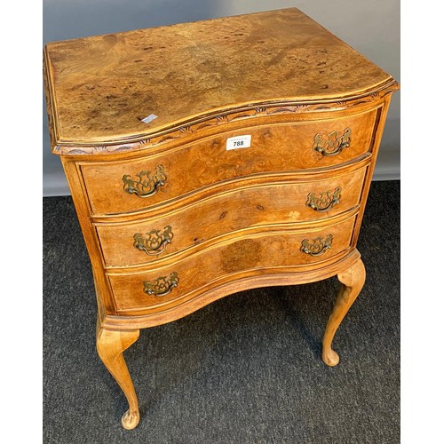 788 - 20th century burr walnut three drawer side chest. [78x52x37cm]